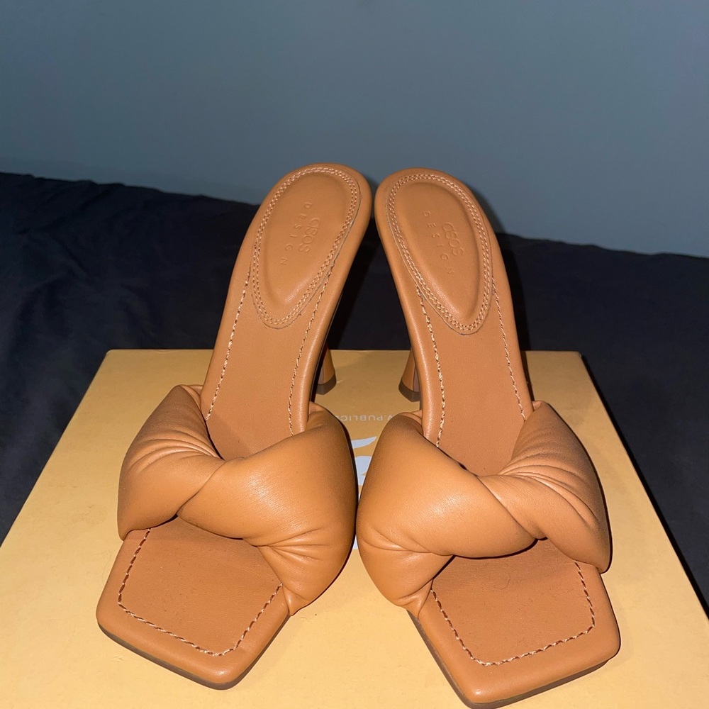 ASOS Design Niki padded twist high heeled mules in beige